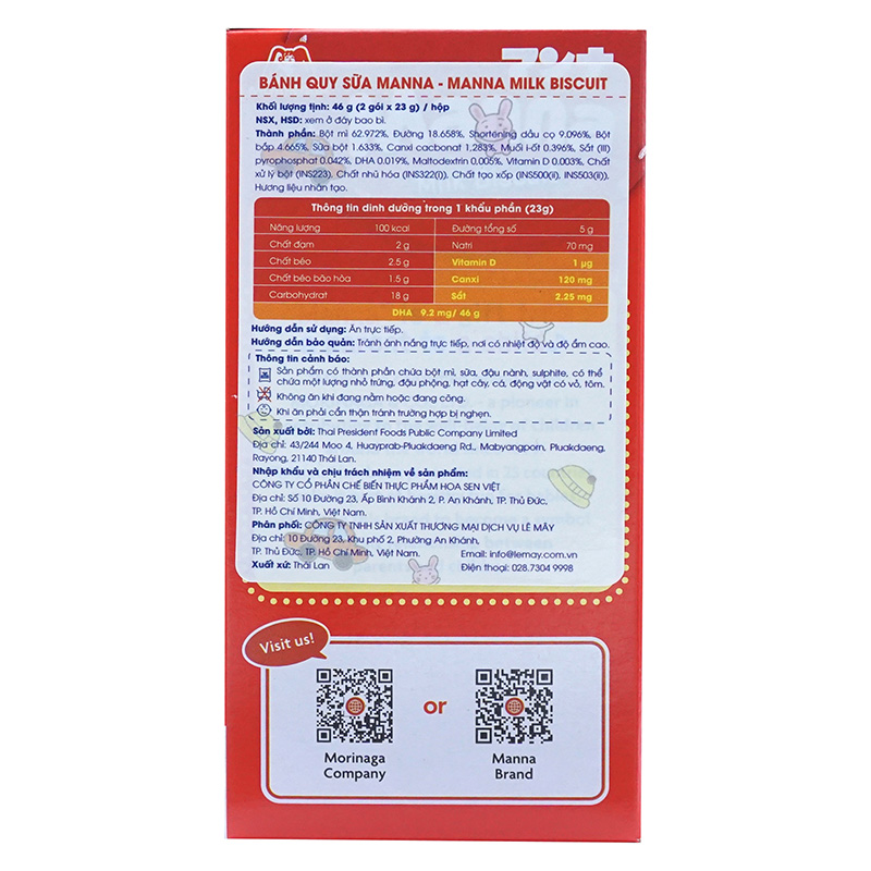 Bánh quy sữa Manna-Manna Milk Biscuit 46g (23g x 2 gói), bổ sung DHA, Canxi, Vit.D, sắt thương hiệu MORINAGA