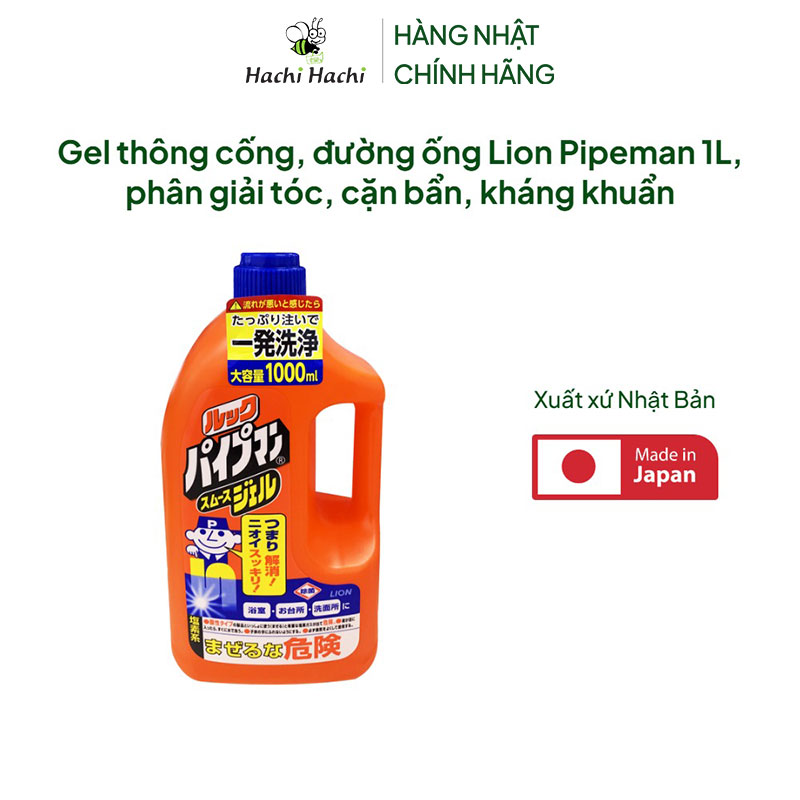 Gel thông cống, đường ống Lion Pipeman 1L, phân giải tóc, cặn bẩn, kháng khuẩn thương hiệu LION