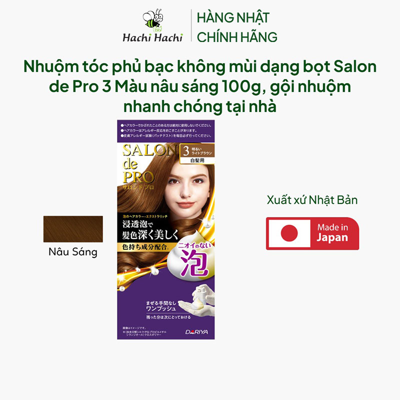 Nhuộm tóc phủ bạc Nhật Bản không mùi dạng bọt Salon de Pro 3 Màu nâu sáng 100g, gội nhuộm nhanh chóng tại nhà thương hiệu DARIYA