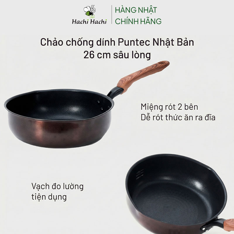 Chảo chống dính Puntec Nhật Bản 26cm Sâu lòng (có vạch đo lường) thương hiệu TAKEHARA