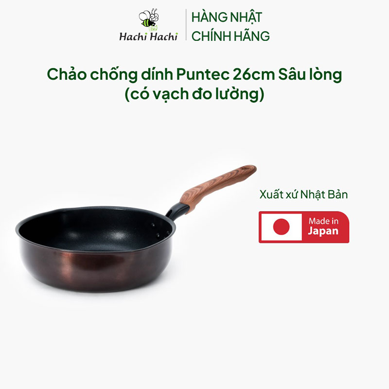 Chảo chống dính Puntec Nhật Bản 26cm Sâu lòng (có vạch đo lường) thương hiệu TAKEHARA