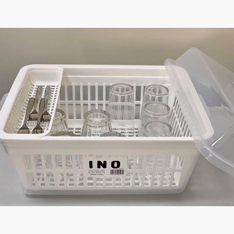 Rổ úp chén có khay hứng nước, nắp đậy Inomata 42x30.5cm thương hiệu INOMATA