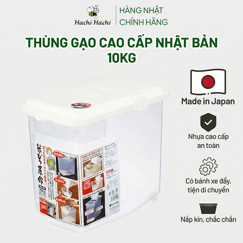 Thùng gạo Inomata 10kg có bánh xe, kèm ca đong gạo thương hiệu INOMATA