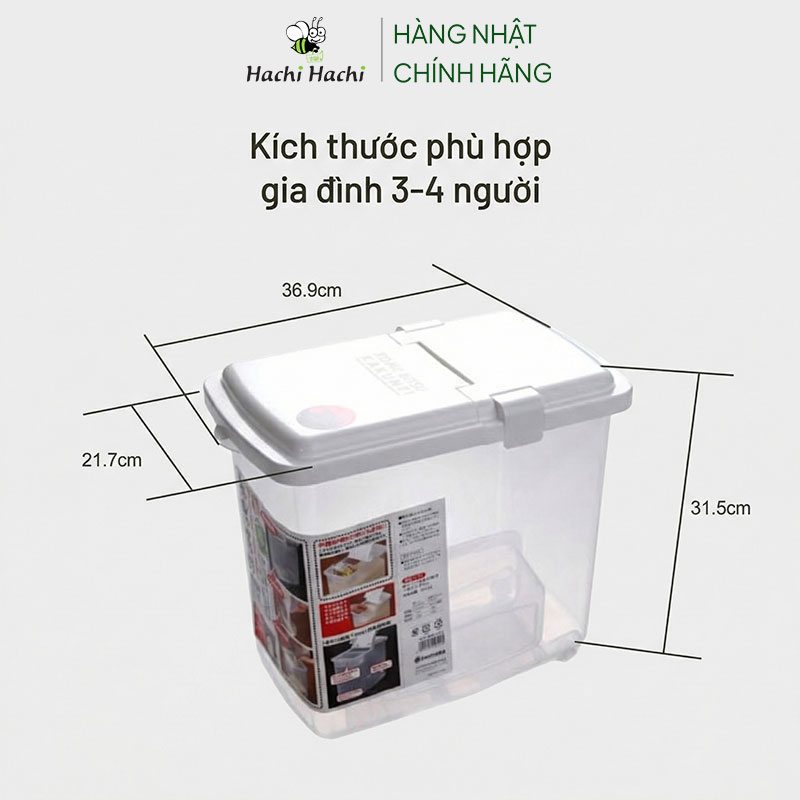 Thùng gạo Inomata 10kg có bánh xe, kèm ca đong gạo thương hiệu INOMATA