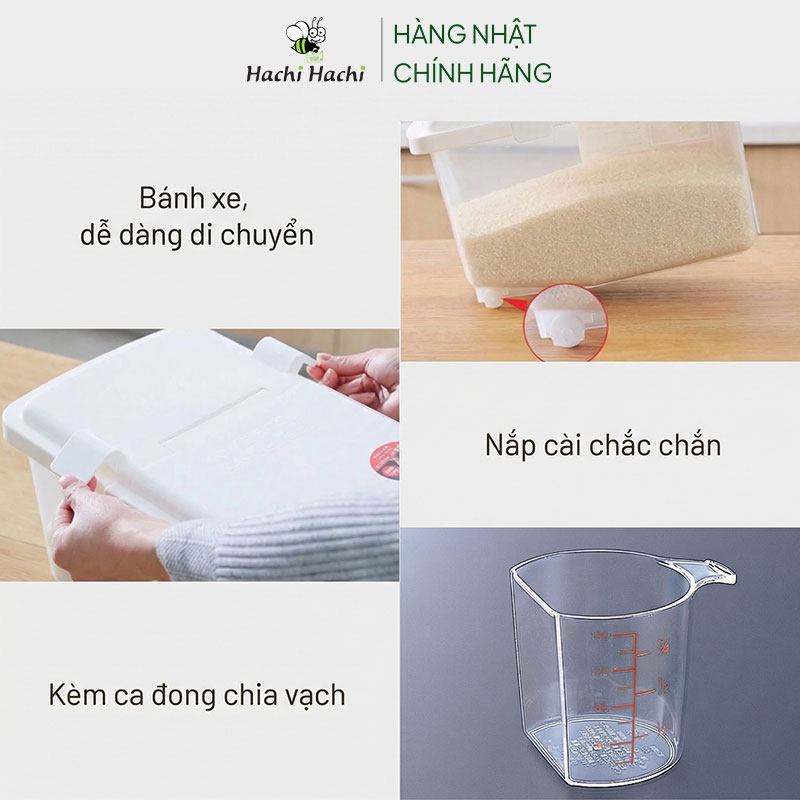 Thùng gạo Inomata 10kg có bánh xe, kèm ca đong gạo thương hiệu INOMATA