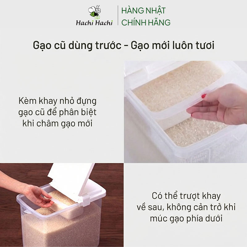 Thùng gạo Inomata 10kg có bánh xe, kèm ca đong gạo thương hiệu INOMATA