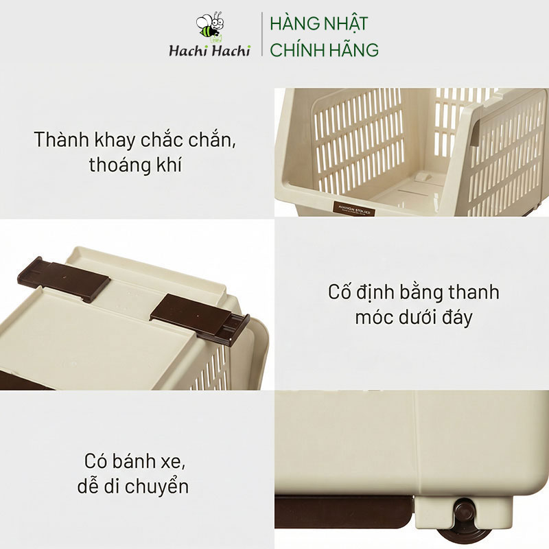 Kệ xếp tầng đa năng có bánh xe Nhật Bản Inomata 23.9x34.6cm (Trắng kem) thương hiệu INOMATA