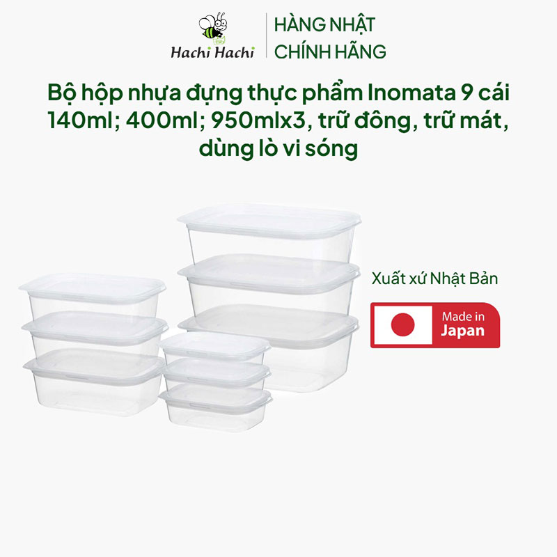Bộ hộp nhựa đựng thực phẩm Inomata Nhật Bản 9 cái 140ml; 400ml; 950ml)x3, trữ đông, trữ mát, dùng lò vi sóng thương hiệu INOMATA