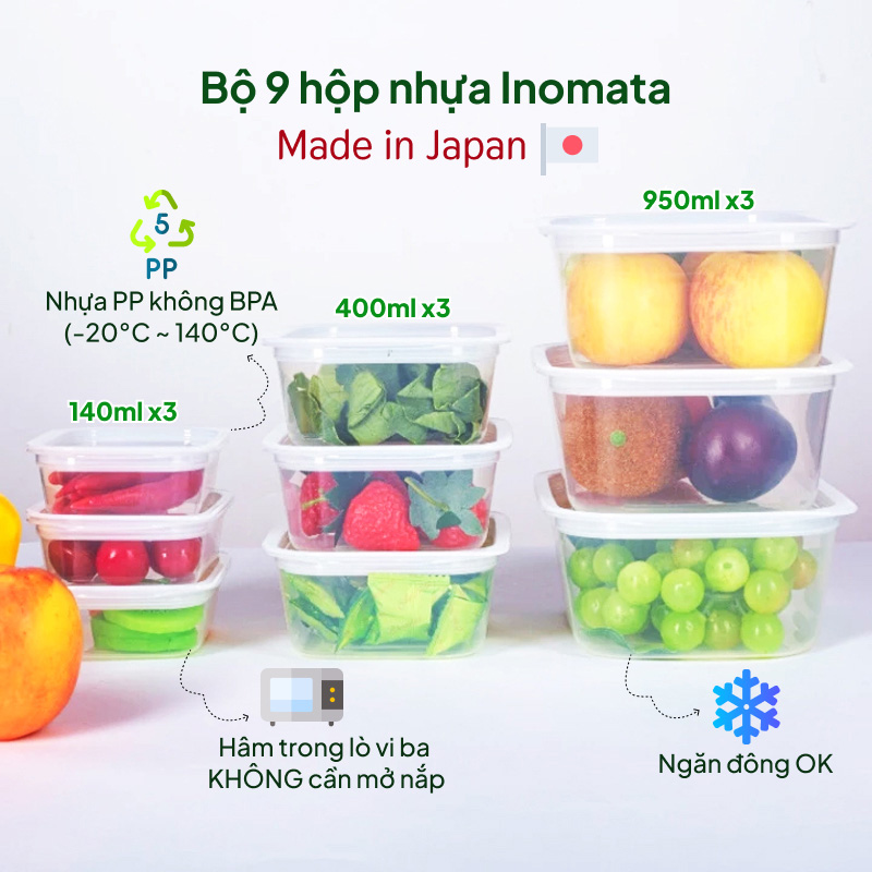 Bộ hộp nhựa đựng thực phẩm Inomata Nhật Bản 9 cái 140ml; 400ml; 950ml)x3, trữ đông, trữ mát, dùng lò vi sóng