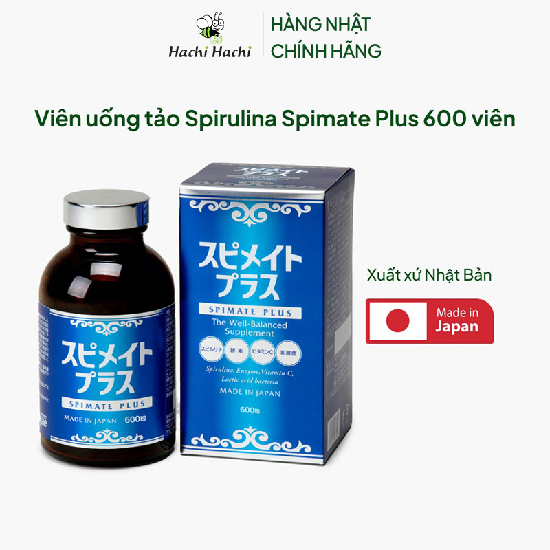 TPBVSK: Viên uống tảo Spirulina Spimate Nhật Bản Plus 600 viên, thêm Enzyme, vitamin C, lợi khuẩn, tăng cường sức khỏe thương hiệu JAPAN ALGAE