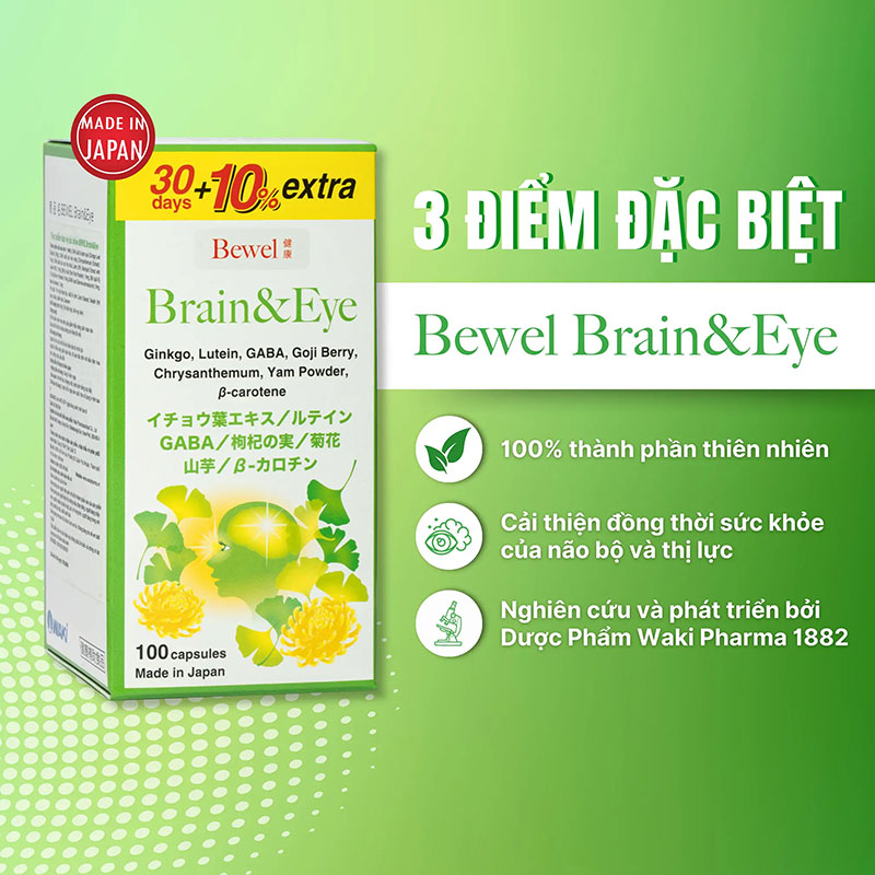TPBVSK: Viên uống Bewel Brain & Eye Nhật Bản 100 viên, tăng tuần hoàn máu não, bổ mắt, mắt sáng khỏe thương hiệu WAKI
