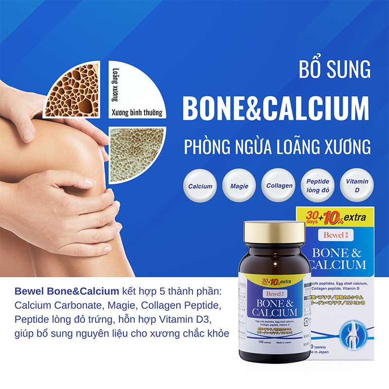 TPBVSK: Viên uống Bewel Bone & Calcium Nhật Bản 100 viên, bổ sung Canxi, xương răng chắc khỏe, giảm loãng xương thương hiệu WAKI