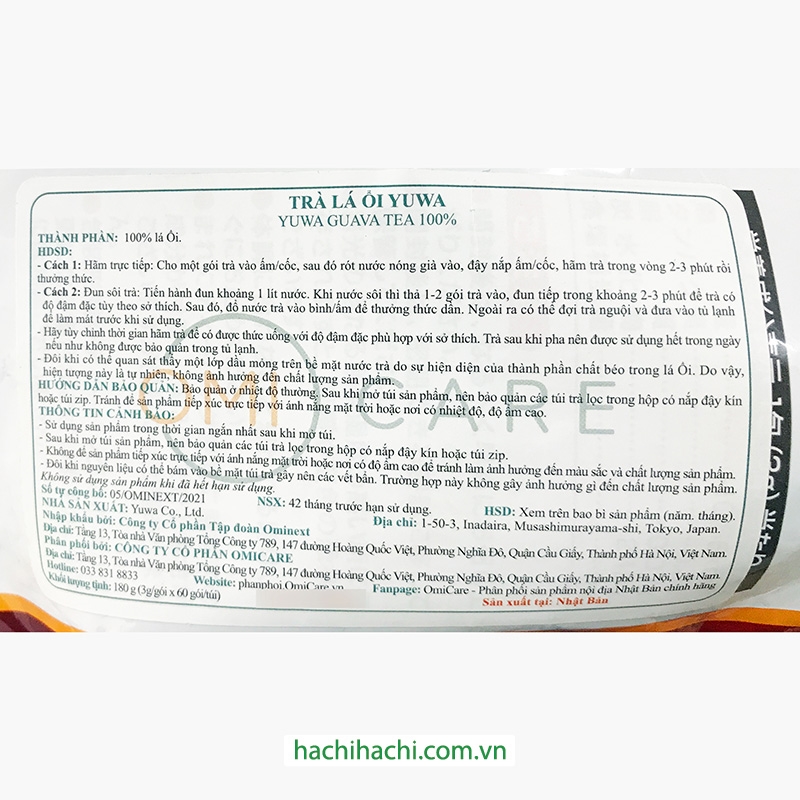 Trà lá ổi Yuwa 180g (3g x 60 gói) thương hiệu YUWA