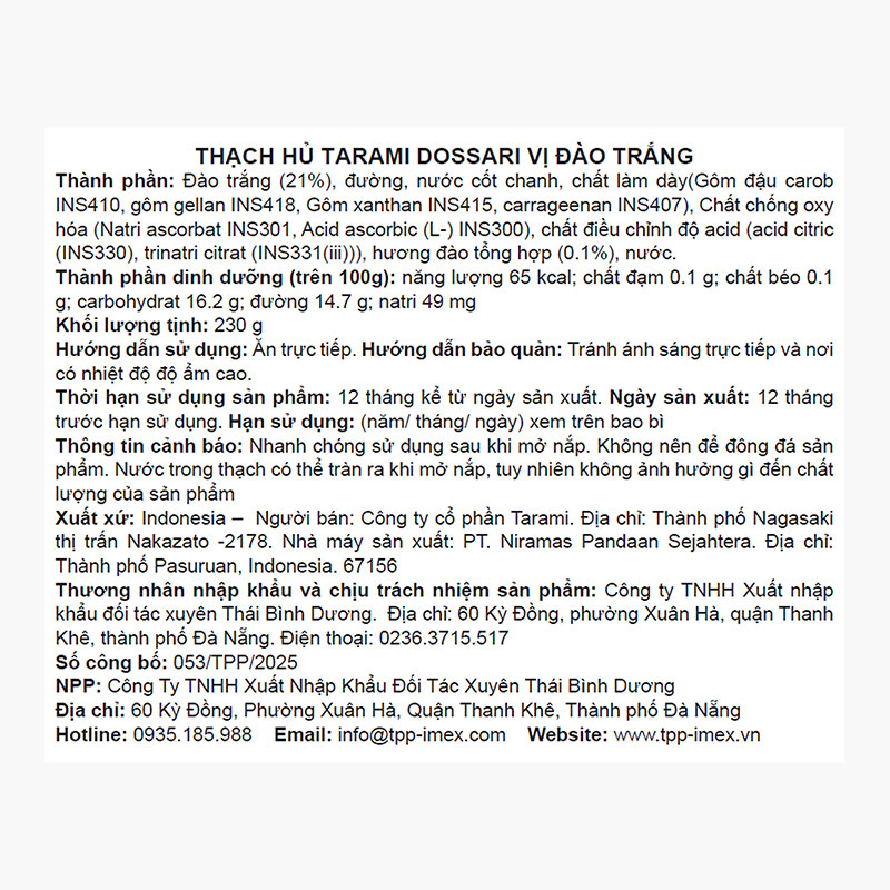 Thạch hủ Tarami Dossari vị đào trắng 230g thương hiệu TARAMI