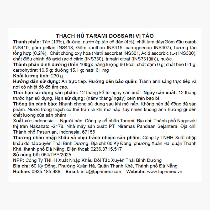 Thạch hủ Tarami Dossari vị táo 230g thương hiệu TARAMI