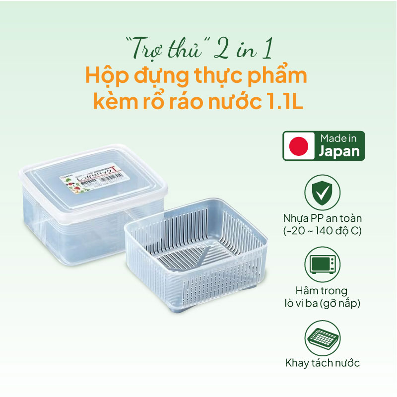 Hộp đựng thực phẩm Nhật Bản trữ đông, trữ mát, dùng lò vi sóng Nakaya 1.1L kèm rổ ráo nước thương hiệu NAKAYA