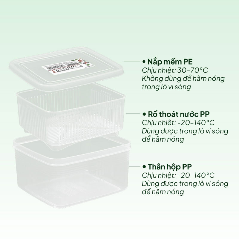 Hộp đựng thực phẩm Nhật Bản trữ đông, trữ mát, dùng lò vi sóng Nakaya 1.1L kèm rổ ráo nước thương hiệu NAKAYA
