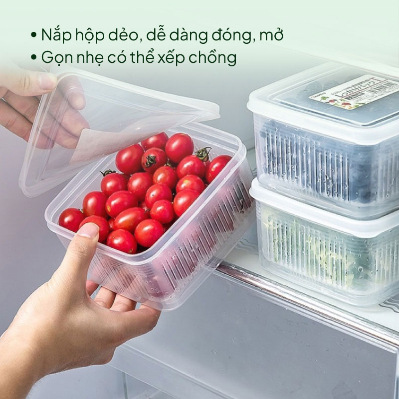 Hộp đựng thực phẩm Nhật Bản trữ đông, trữ mát, dùng lò vi sóng Nakaya 1.1L kèm rổ ráo nước thương hiệu NAKAYA