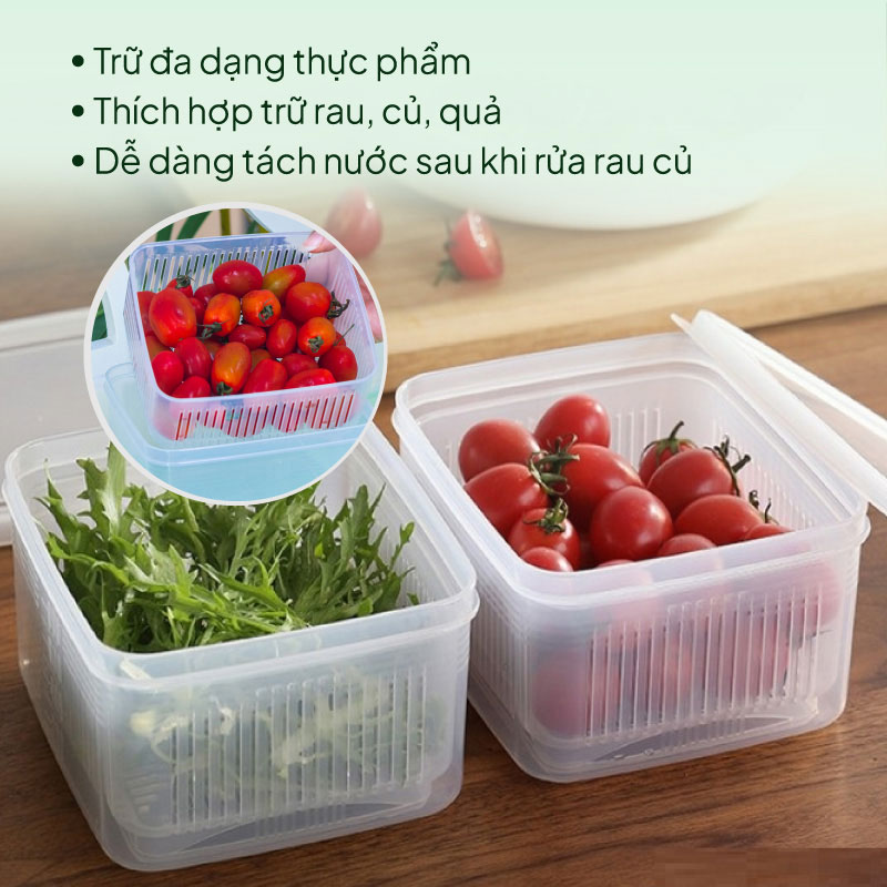 Hộp đựng thực phẩm Nhật Bản trữ đông, trữ mát, dùng lò vi sóng Nakaya 1.1L kèm rổ ráo nước thương hiệu NAKAYA