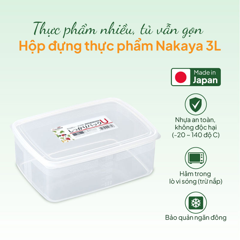 Hộp đựng thực phẩm Nhật Bản trữ đông, trữ mát, dùng lò vi sóng Nakaya 3L thương hiệu NAKAYA