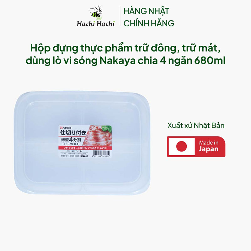 Hộp đựng thực phẩm Nhật Bản trữ đông, trữ mát, dùng lò vi sóng Nakaya chia 4 ngăn 680ml thương hiệu NAKAYA
