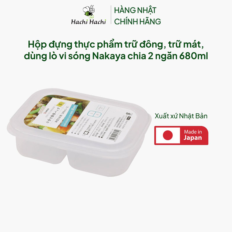 Hộp đựng thực phẩm Nhật Bản trữ đông, trữ mát, dùng lò vi sóng Nakaya chia 2 ngăn 680ml thương hiệu NAKAYA