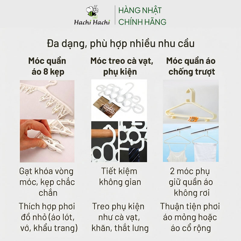 Móc quần áo chống trượt Kokubo Nhật Bản có 2 móc phụ 10 cái (Trắng) thương hiệu KOKUBO