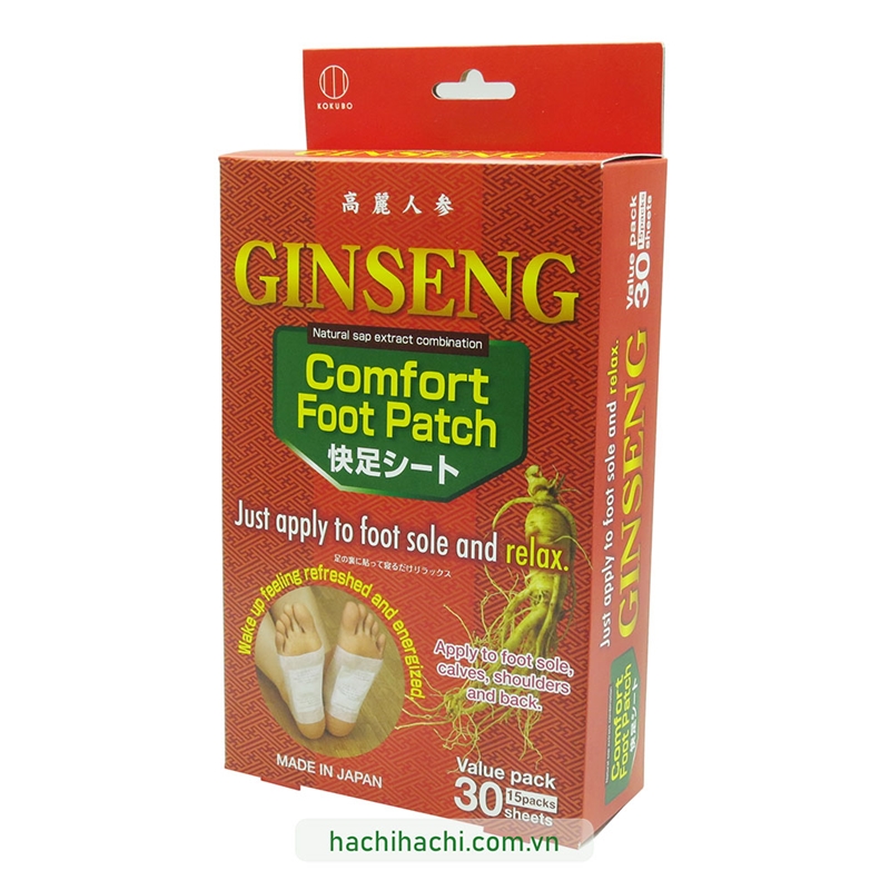 Miếng dán chân thư giãn giảm mỏi mệt Kokubo Nhật Bản Nhân sâm 30 miếng thương hiệu KOKUBO