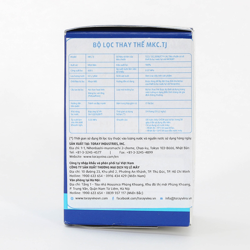 Bộ lọc thay thế MKC.TJ 600L, Chuẩn nước uống tại vòi thương hiệu TORAYVINO