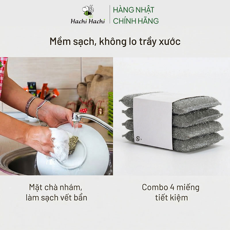Mút rửa chén bát tạo bọt bọc lưới Moritoku 4 cái thương hiệu MORITOKU