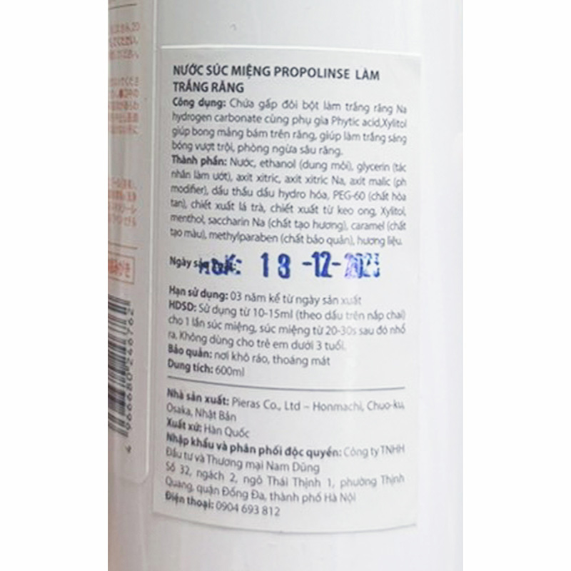 Nước súc miệng làm trắng răng Propolinse 600ml  thương hiệu PIERAS