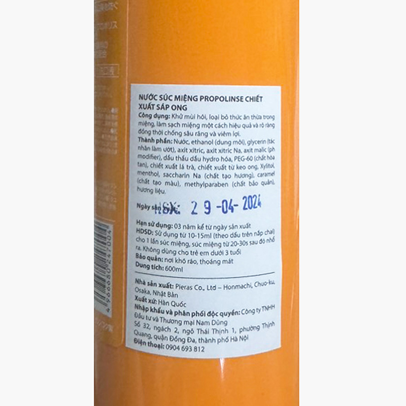 Nước súc miệng Propolinse keo ong 600ml (Không cồn, dịu nhẹ) thương hiệu PIERAS