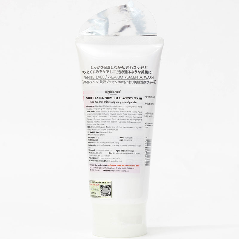 Sữa rửa mặt trắng sáng da, giảm nếp nhăn Nhật Bản White label premium placenta wash 110g thương hiệu MICCOSMO