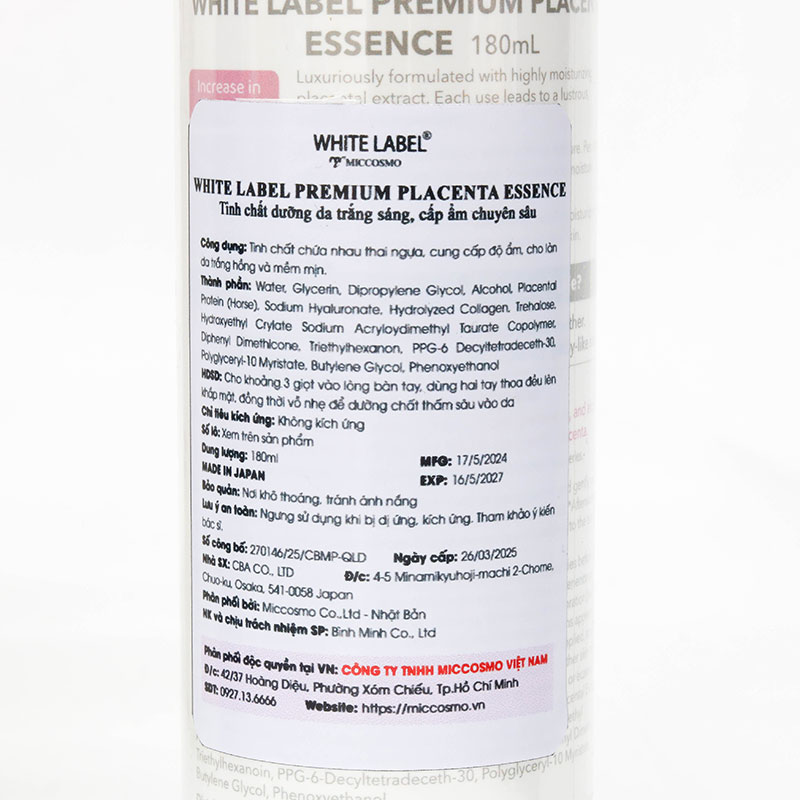 Tinh chất dưỡng da trắng sáng, cấp ẩm chuyên sâu Nhật Bản White Label Premium Placenta 180ml thương hiệu MICCOSMO