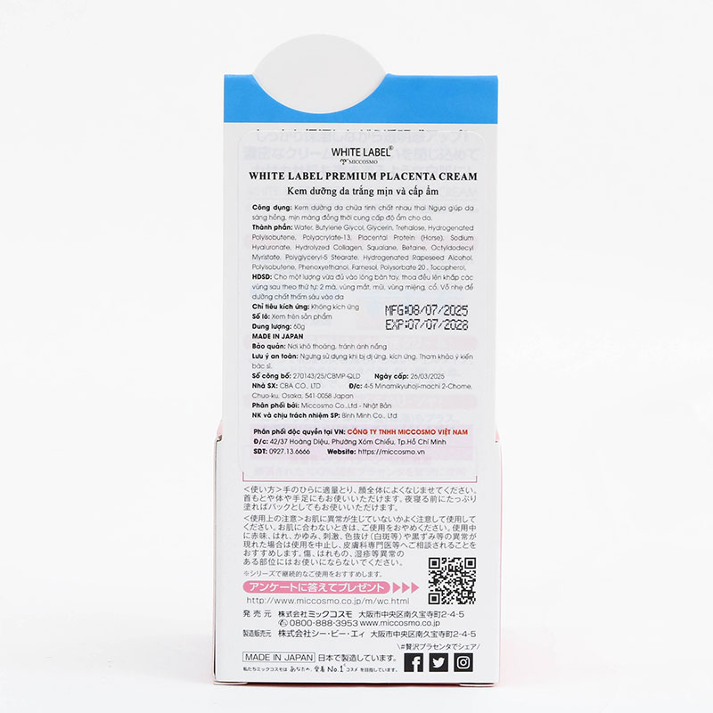 Kem dưỡng da trắng mịn và cấp ẩm Nhật Bản White Label Premium Placenta Cream 60g thương hiệu MICCOSMO