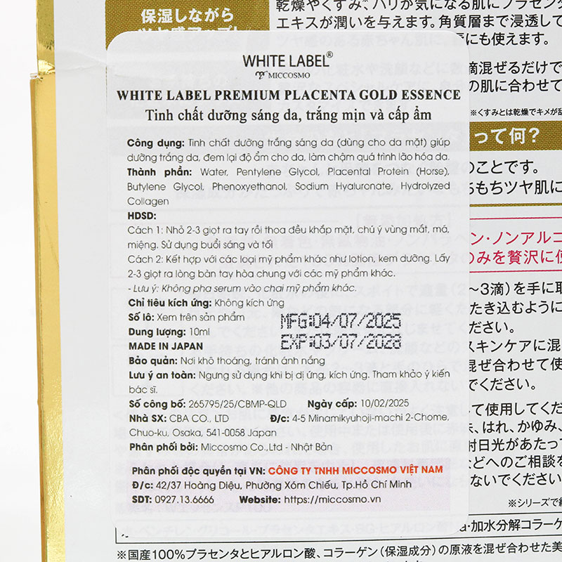 Tinh chất dưỡng sáng da trắng mịn và cấp ẩm Nhật Bản White Label Premium Placenta Gold 10ml thương hiệu MICCOSMO