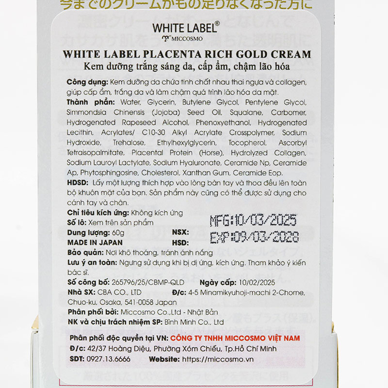 Kem dưỡng trắng sáng da, cấp ẩm, chậm lão hóa Nhật Bản White label Placenta Rich Gold 60g thương hiệu MICCOSMO