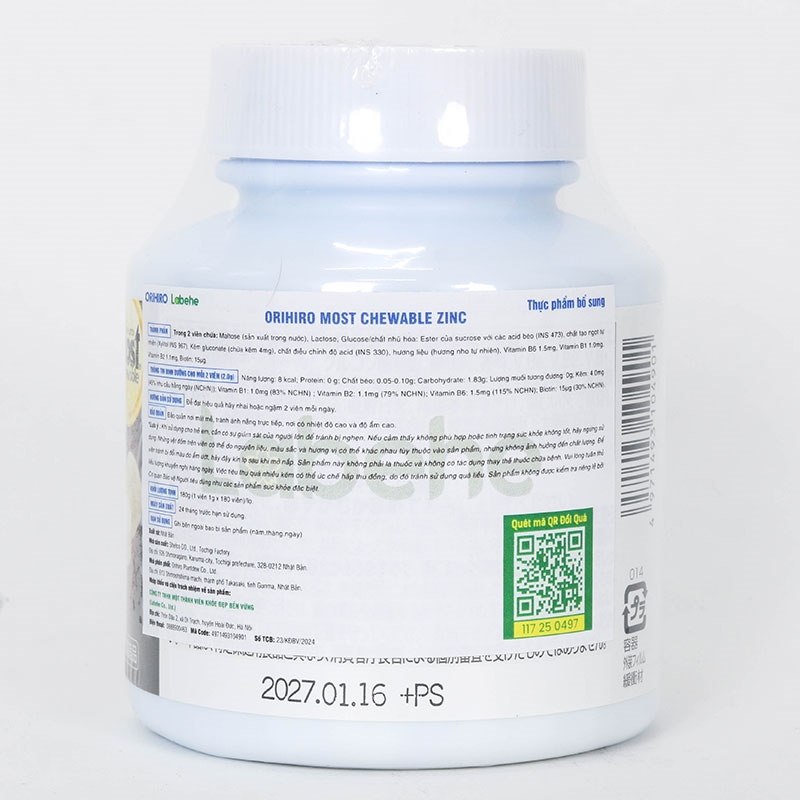 TPBS: Viên nhai Orihiro Most Chewable Zinc 180 viên thương hiệu ORIHIRO