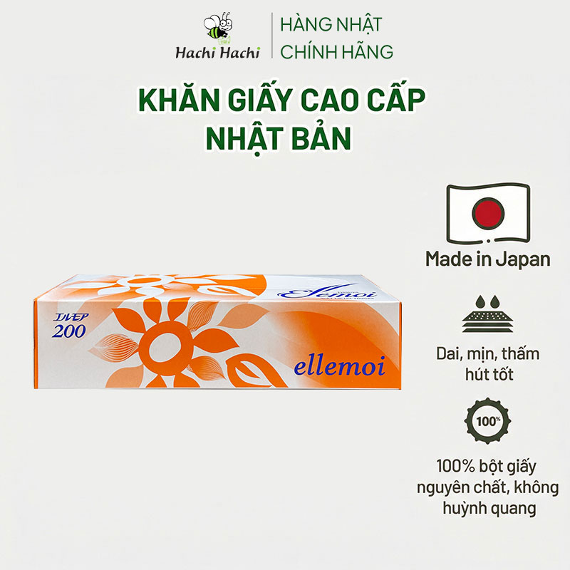 Khăn giấy ăn Nhật Bản, khăn ăn, giấy lau miệng dai mịn 2 lớp Ellemoi 200 tờ thương hiệu ELLEMOI