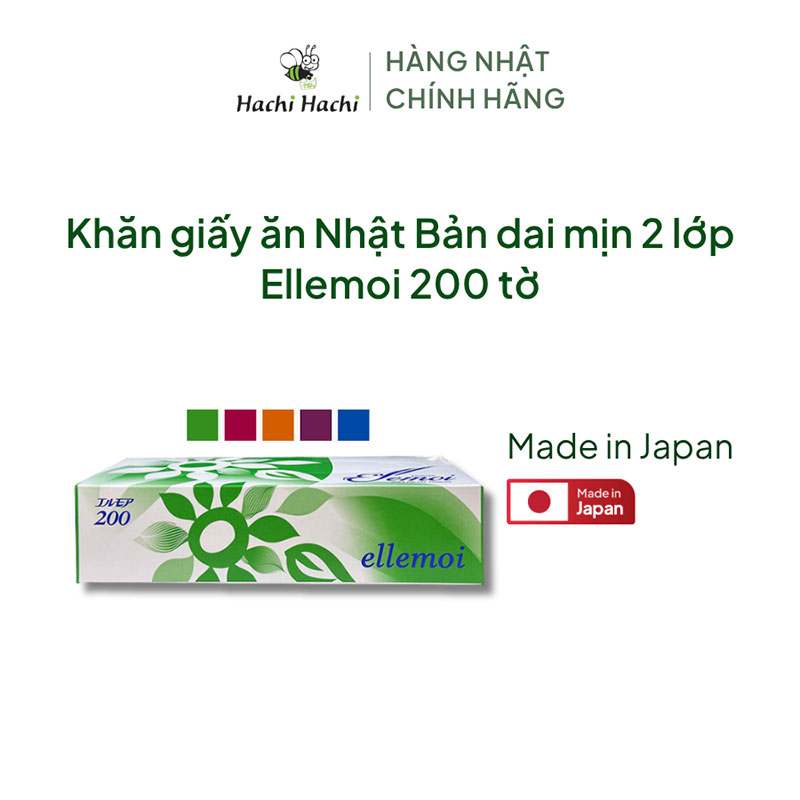 Khăn giấy ăn Nhật Bản, khăn ăn, giấy lau miệng dai mịn 2 lớp Ellemoi 200 tờ thương hiệu ELLEMOI
