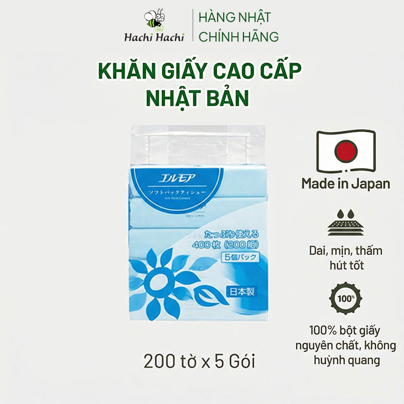 Khăn giấy ăn Nhật Bản, khăn ăn, giấy lau miệng dai mịn 2 lớp Ellemoi 200 tờx5 gói thương hiệu ELLEMOI