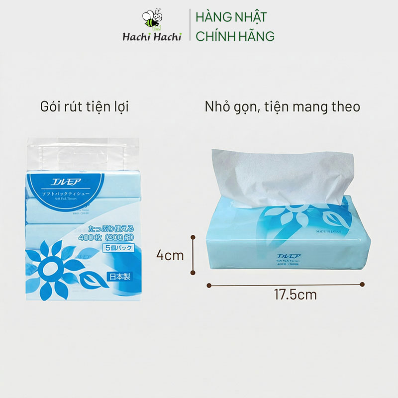 Khăn giấy ăn Nhật Bản, khăn ăn, giấy lau miệng dai mịn 2 lớp Ellemoi 200 tờx5 gói thương hiệu ELLEMOI