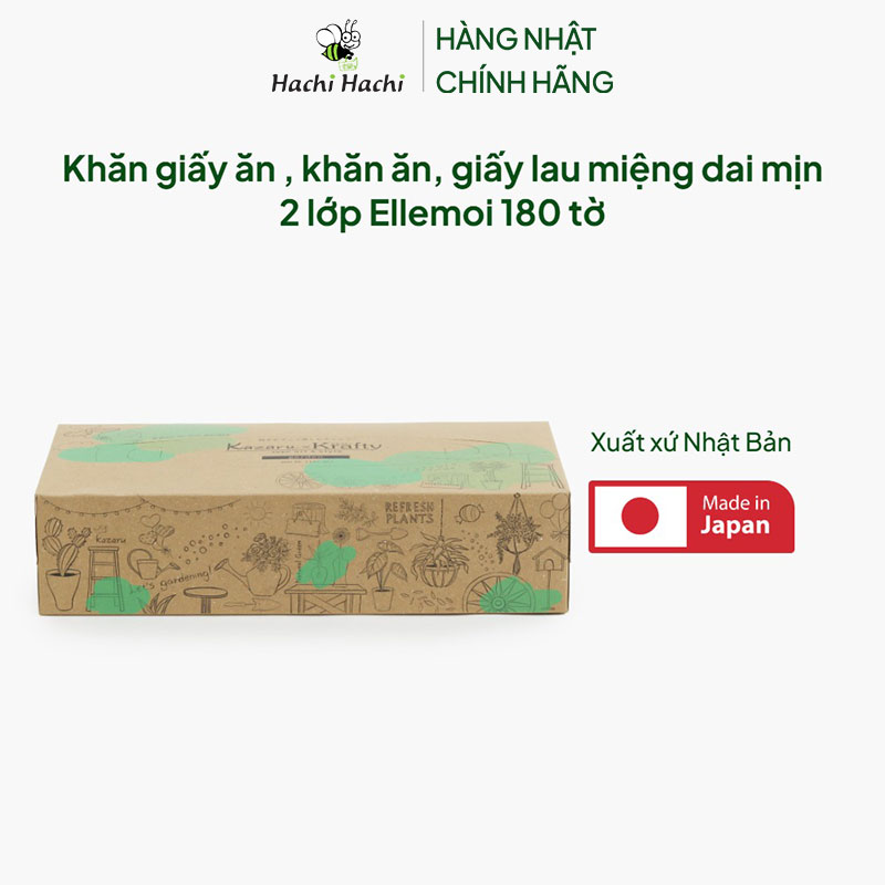 Khăn giấy ăn Nhật Bản, khăn ăn, giấy lau miệng dai mịn 2 lớp Ellemoi 180 tờ thương hiệu ELLEMOI