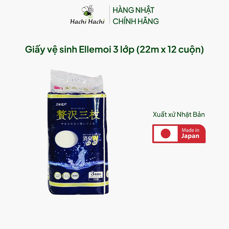 Giấy vệ sinh Ellemoi 3 lớp (22m x 12 cuộn) thương hiệu ELLEMOI