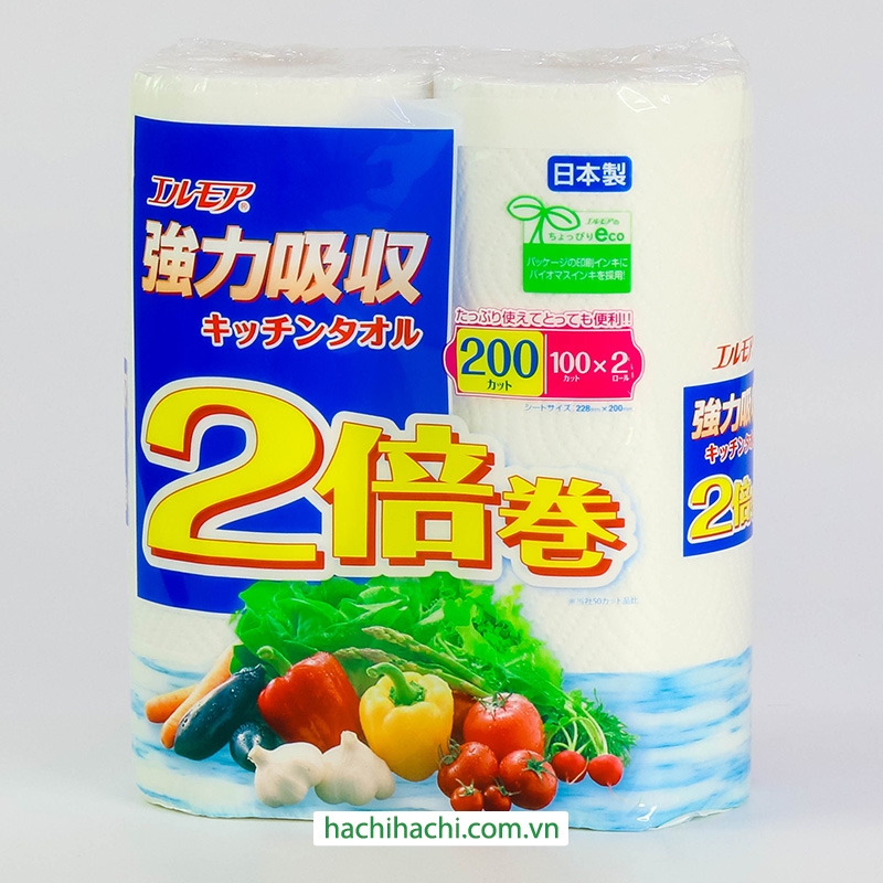 Khăn giấy bếp Nhật Bản siêu thấm hút đa năng Ellemoi 2 lớp (2 cuộn x 100 tờ) thương hiệu ELLEMOI