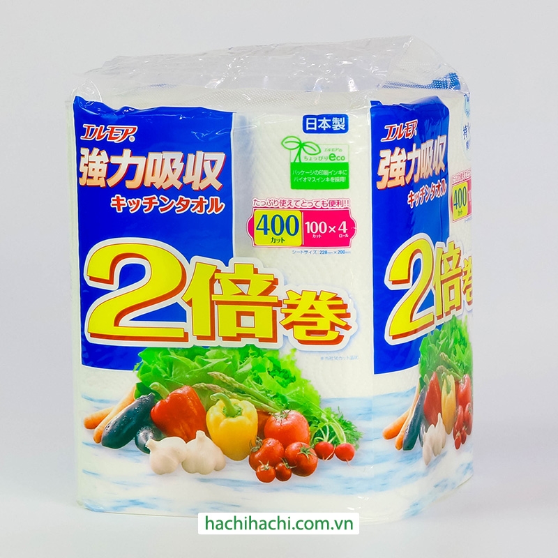 Khăn giấy bếp Nhật Bản siêu thấm hút đa năng Ellemoi 2 lớp (4 cuộn x 100 tờ) thương hiệu ELLEMOI