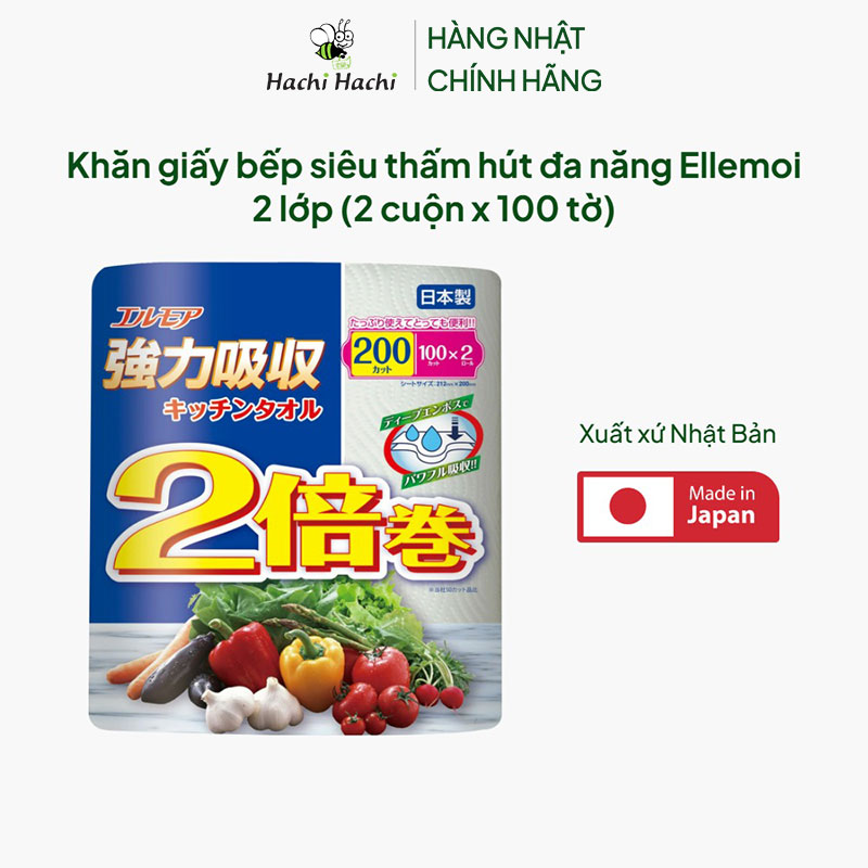 Khăn giấy bếp Nhật Bản siêu thấm hút đa năng Ellemoi 2 lớp (2 cuộn x 100 tờ) thương hiệu ELLEMOI