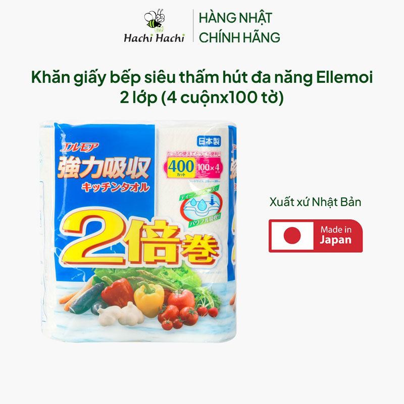 Khăn giấy bếp Nhật Bản siêu thấm hút đa năng Ellemoi 2 lớp (4 cuộnx100 tờ) thương hiệu ELLEMOI