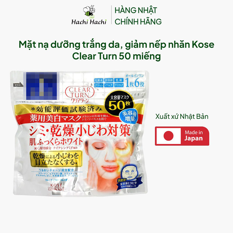 Mặt nạ dưỡng trắng da, giảm nếp nhăn Nhật Bản Kose Clear Turn 50 miếng thương hiệu KOSE