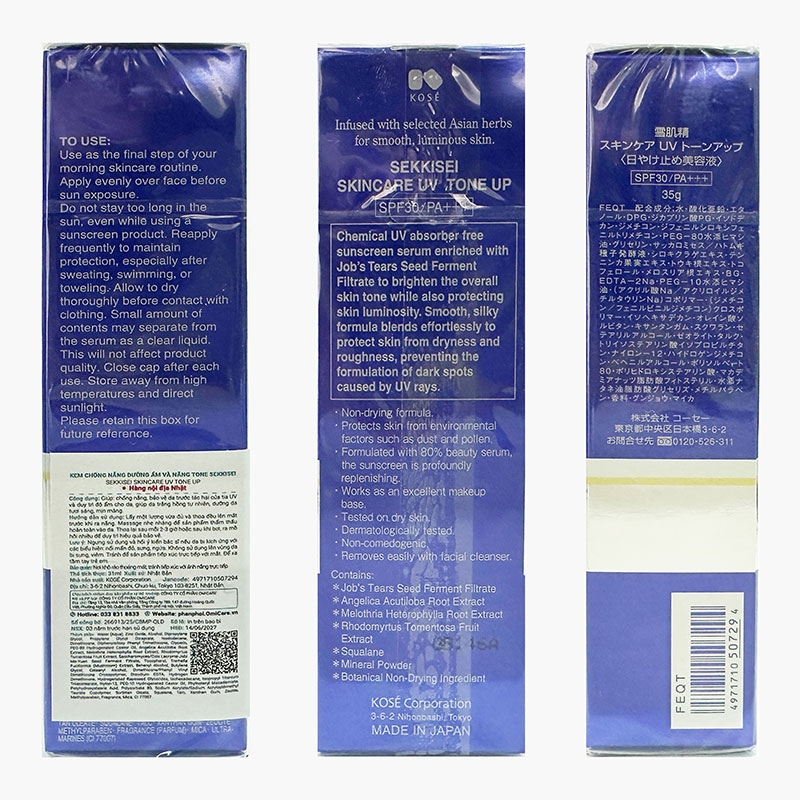 Kem chống nắng Nhật Bản dưỡng ẩm và nâng tông Sekkisei UV Tone Up SPF30 PA+++ 31ml thương hiệu KOSE